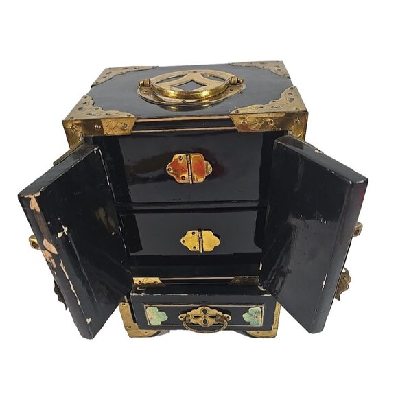 Vintage Asian Lacquer Jewelry Box Chest Brass Mother-of-Pearl Birds Flowers - Picture 8 of 15